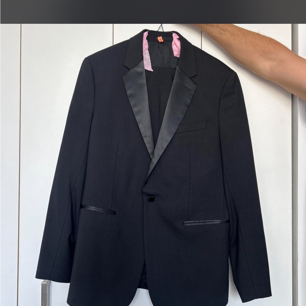 Theory Black Satin Lapel Tuxedo Jacket with Pink Collar Detail